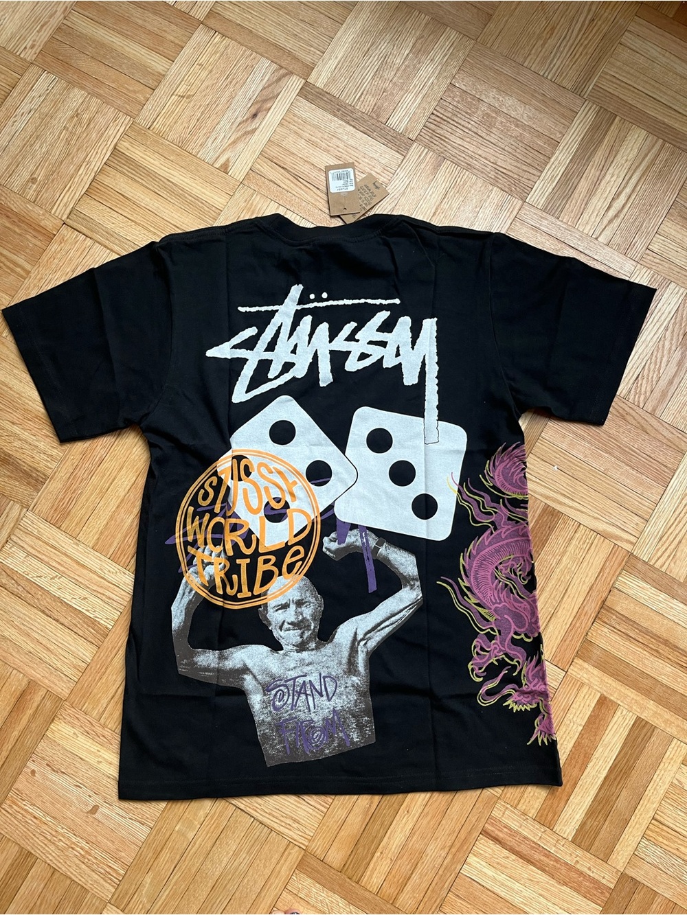 Stüssy Stripe PC Dyed Tee Black Graphic T-Shirt S NWT